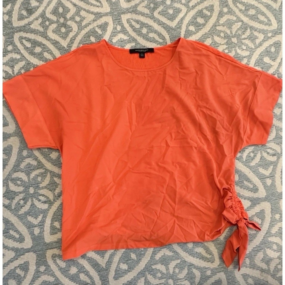 Women's Orange Short Sleeve Shirt Blouse Top Cinched Side Tie Round Neck Size‎ L